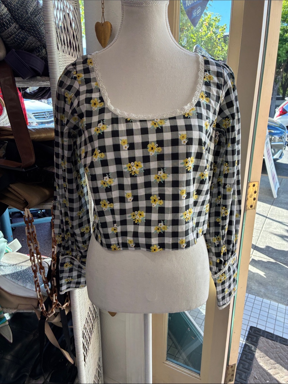 Eddy Women's Black &‎ White Gingham Floral Square Neck Top Small